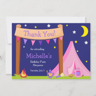 Camping Birthday Party Sleepover Pink and Purple Thank You Card