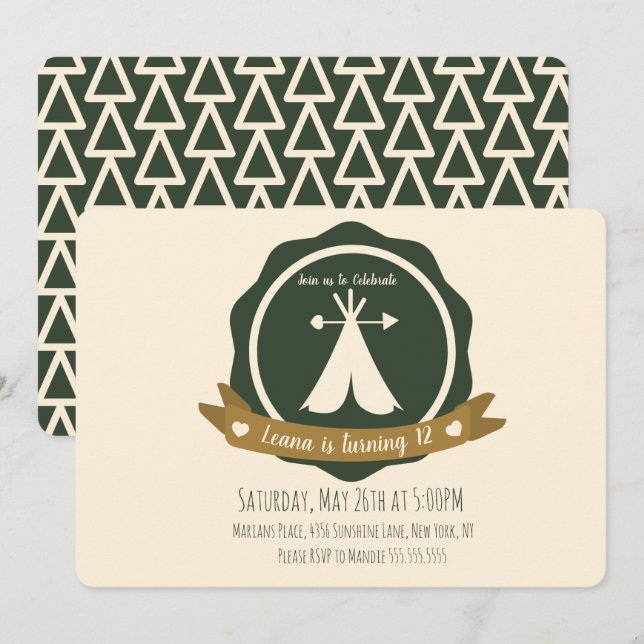 Camping Birthday Party Teepee Badge Invitation (Front/Back)