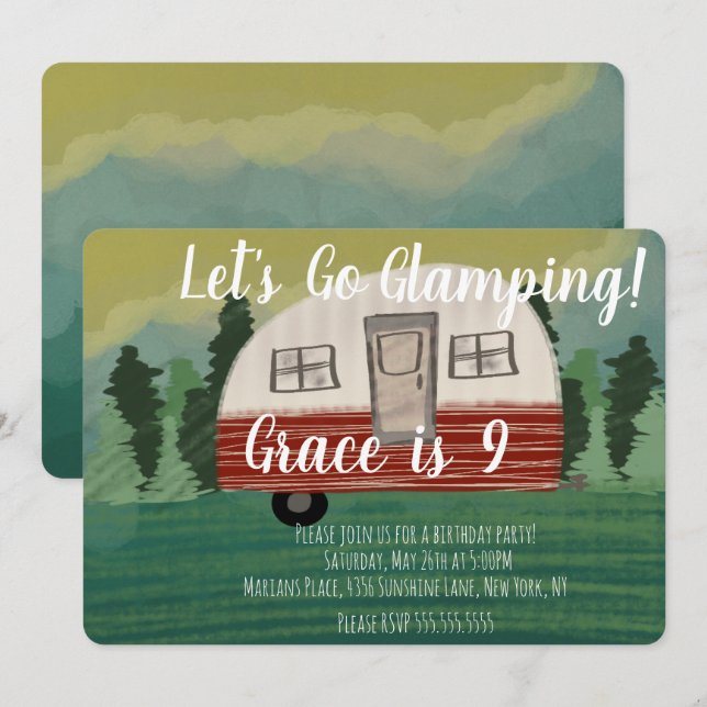 Camping  Birthday Party Vintage Camper Art Invitation (Front/Back)