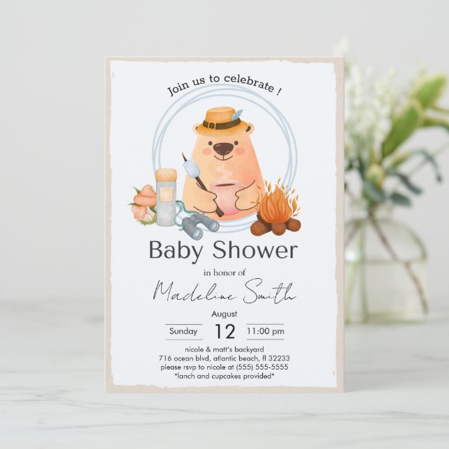 Camping Bonfire Bear Baby Shower Invitation (Standing Front)