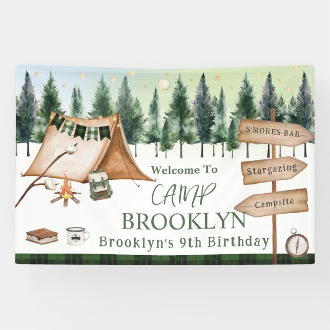 Camping Bonfire Campfire S'mores Outdoor Birthday Banner (Horizontal)