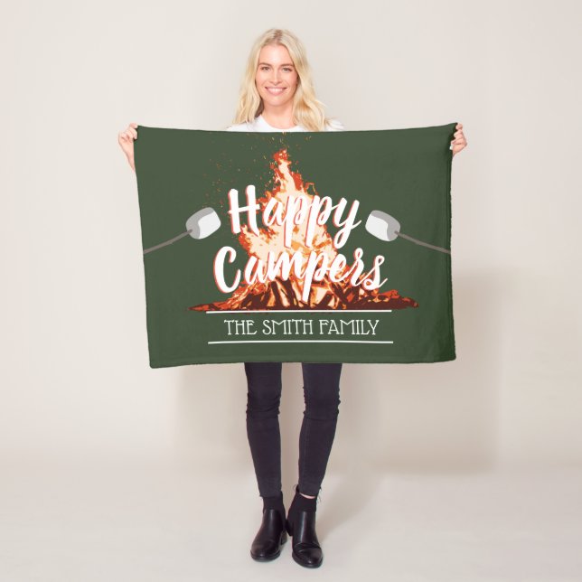 Camping Bonfire Happy Campers Forest Green Family Fleece Blanket (In Situ)