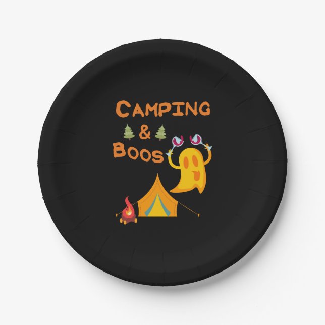 Camping & Boos Ghosts Wine Camping Halloween Paper Plate (Front)