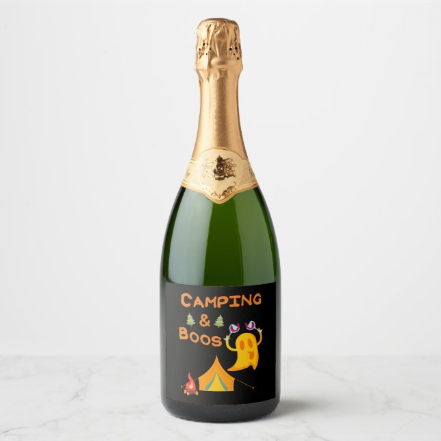 Camping & Boos Ghosts Wine Camping Halloween Sparkling Wine Label (Front)