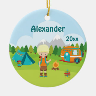 Camping Boy Fire Camper Tent Backpack Blonde Ceramic Tree Decoration