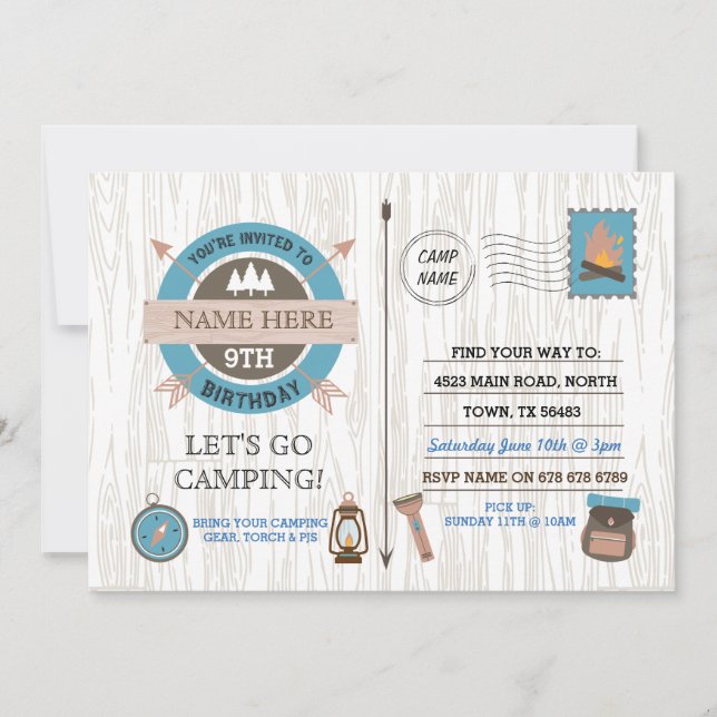 CAMPING Camp Out BIRTHDAY PARTY boys girls invite (Front)