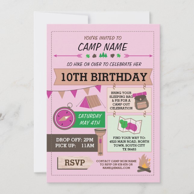 CAMPING Camp Out BUG BIRTHDAY PARTY GIRLS invite (Front)