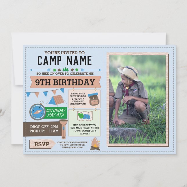 CAMPING Camp Out Photo BIRTHDAY PARTY boys invite (Front)