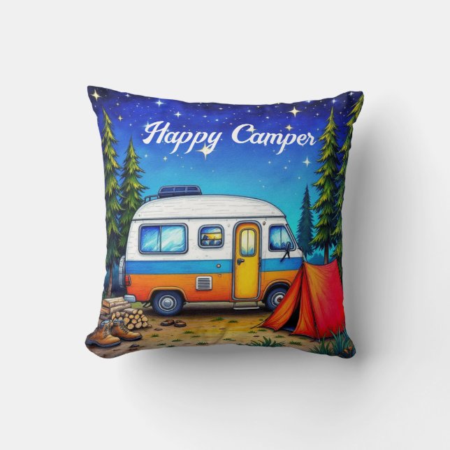 Camping Campervan Watercolor Nature Cushion (Front)