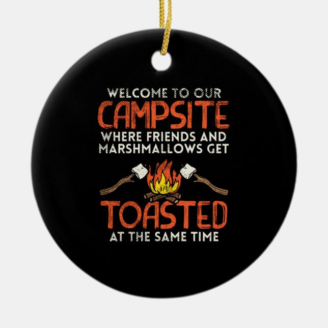 Camping Campfire and Marshmallows Ceramic Tree Decoration (Front)