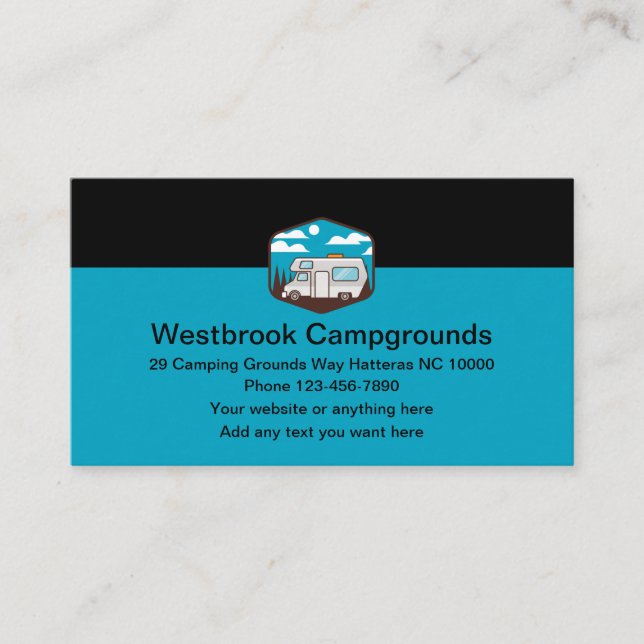 Camping Campgrounds Modern Business Cards (Front)