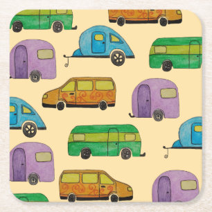 Camping caravans square paper coaster