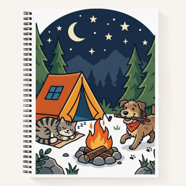 Camping Cat & Dog | Cute Campfire Night Sky  Notebook (Front)