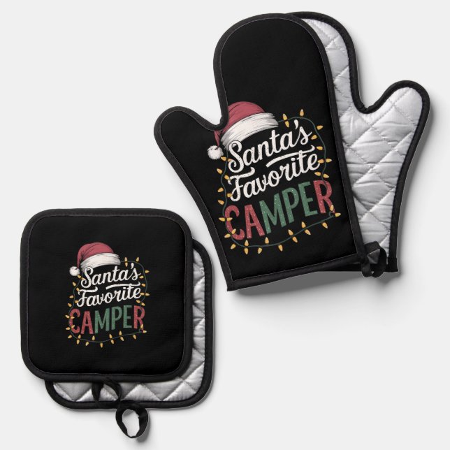 Camping Christmas Santa's Favourite Camper Gift Oven Mitt & Pot Holder Set (Front/Back)
