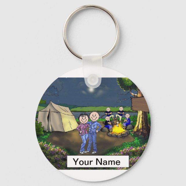 Camping Couple, Four Children Cartoon Key Ring (Front)