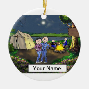 Camping Couple, Two Children Ceramic Tree Decoration