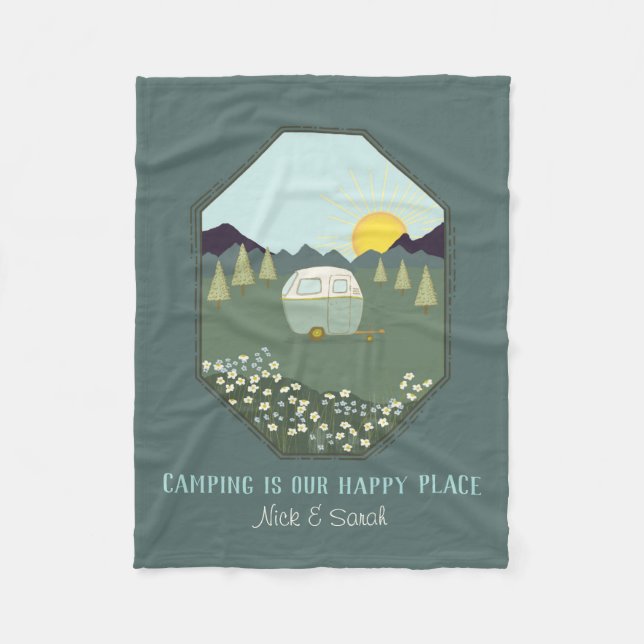 Camping Couples Outdoors Camp Trailer Personalised Fleece Blanket (Front)