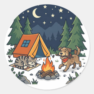 Camping Dog and Cat Adventure Classic Round Sticker
