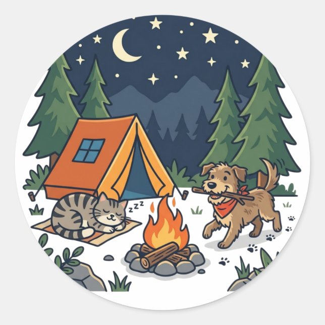 Camping Dog and Cat Adventure Classic Round Sticker (Front)