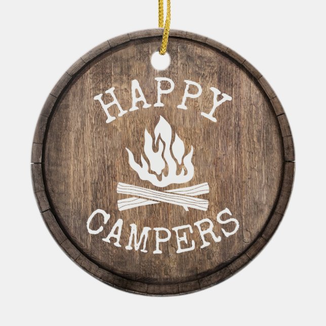 Camping Family Happy Campers Rustic Wooden Ceramic Tree Decoration (Front)