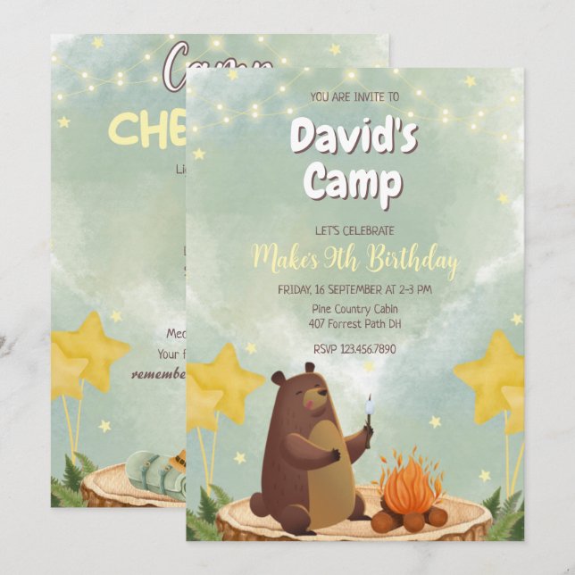 Camping Forest Bear Boy Birthday Invitation (Front/Back)