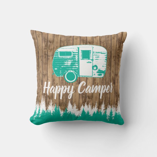 Camping Fun Happy Camper Rustic Forest Cushion (Front)