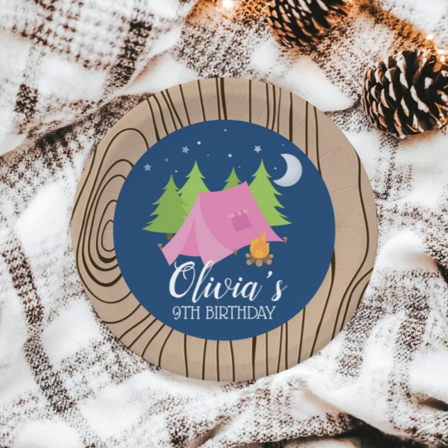 Camping girl Birthday party plates wood background (Creator Uploaded)