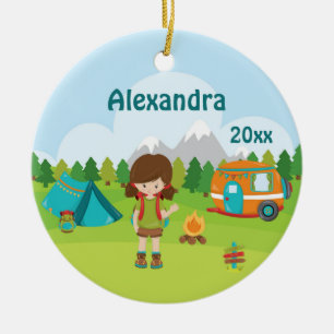 Camping Girl Fire Camper Tent Backpack Brown Ceramic Tree Decoration