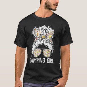 Camping Girl Messy Hair In Bun Sunglasses Bandanna T-Shirt