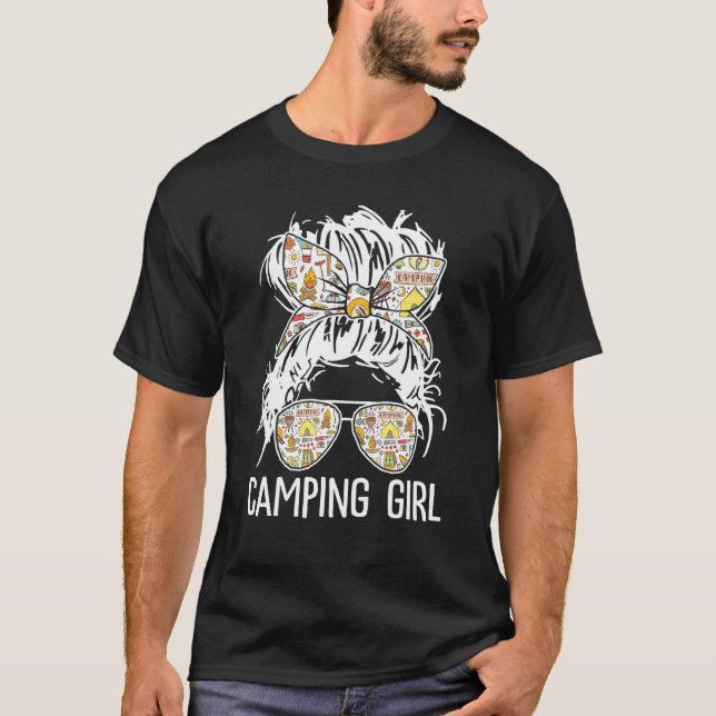 Camping Girl Messy Hair In Bun Sunglasses Bandanna T-Shirt (Front)