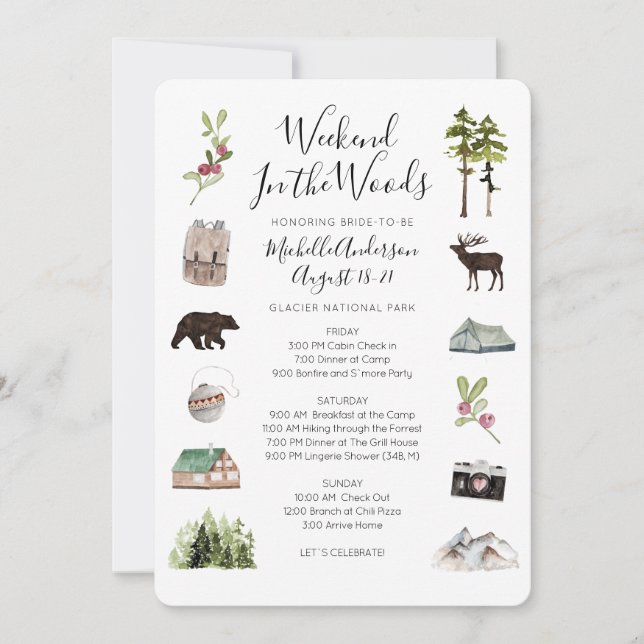 Camping Glamping Bachelorette Weekend Itinerary  I Invitation (Front)