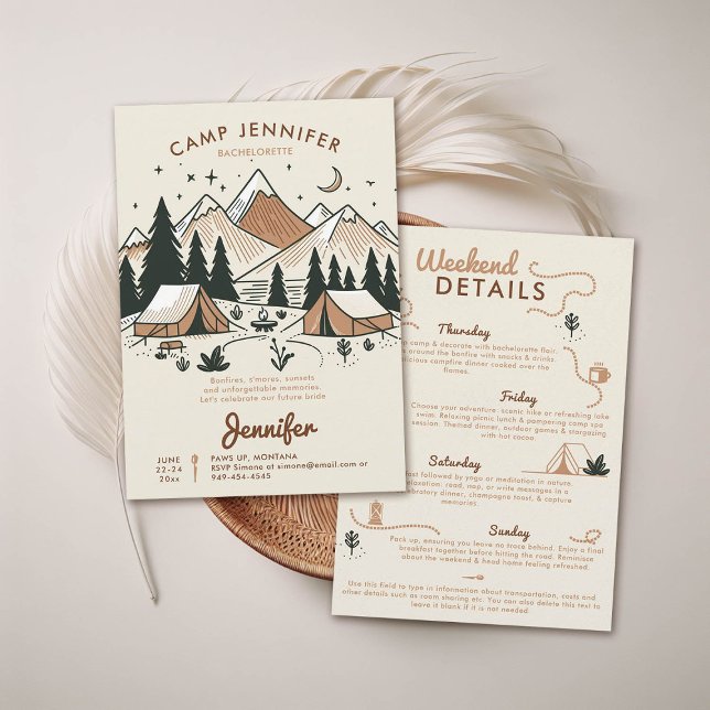 Camping Glamping Camp Earthy Bachelorette Party Invitation (camping bachelorette weekend trip itinerary modern minimalist camp bride bridesmaids mountains earth)
