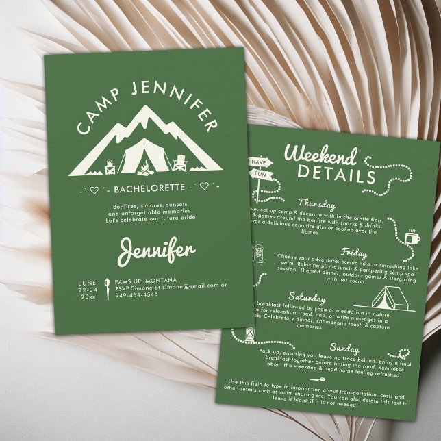 Camping Glamping Camp Green Bachelorette Party Invitation (camping bachelorette weekend trip itinerary modern minimalist camp bride bridesmaids mountain forest)