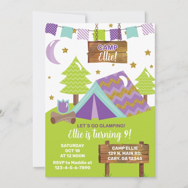 Camping glamping girl birthday invitation. invitat invitation (Front)