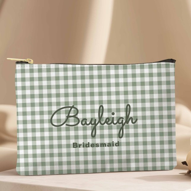 Camping Green Chequered Bridesmaid Accessory Pouch (Camping Green Checkered Makeup Bag Travel Pouch)