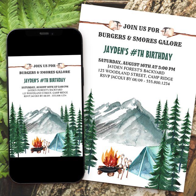 Camping Grill and Smores Camp Out Birthday Invitation (Creator Uploaded)