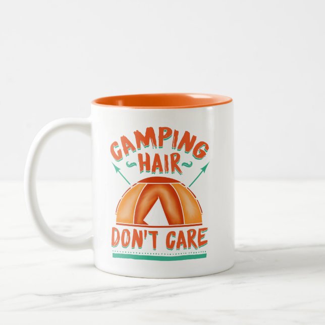 Camping Hair Don't Care Funny Adventure Two-Tone Coffee Mug (Left)