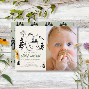 Camping Hand-drawn Tent Photo Boy 1st Birthday Invitation