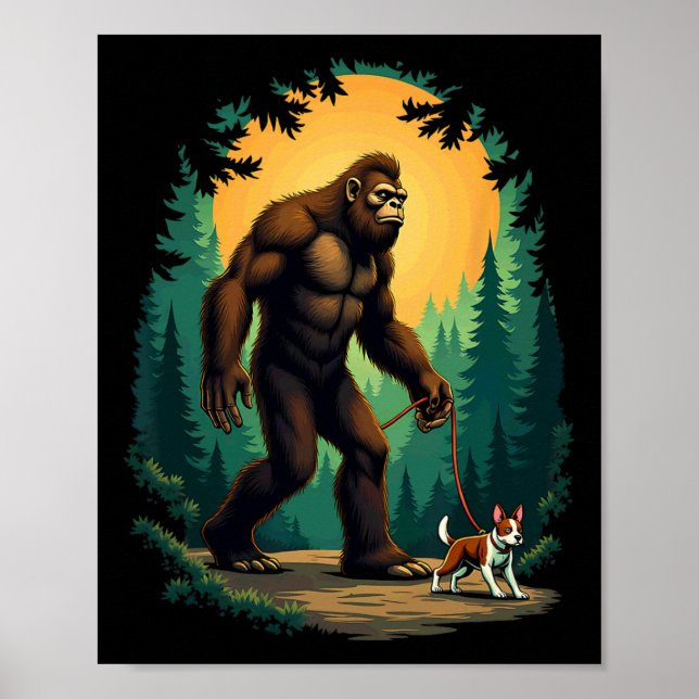 Camping Hiking Bigfoot Walking With Boston Terrier Poster (Front)