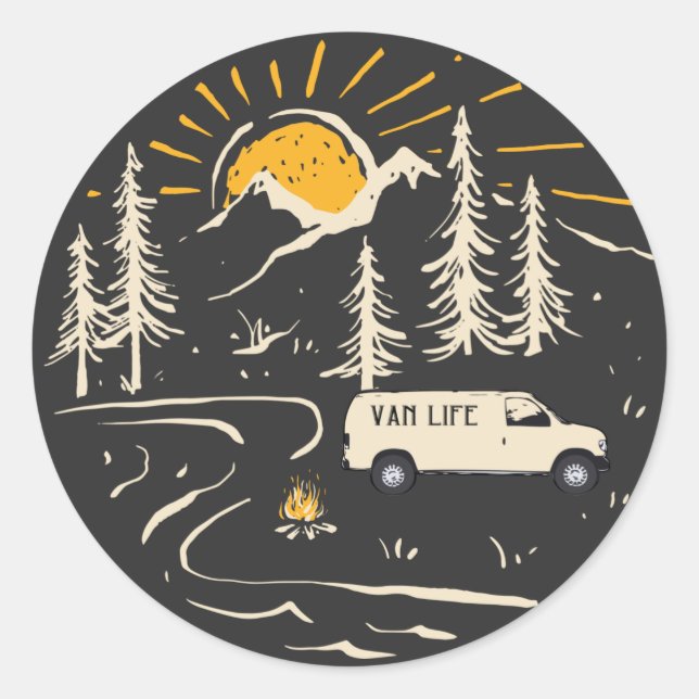 Camping In The Mountains Van Life  T-Shirt Button Classic Round Sticker (Front)