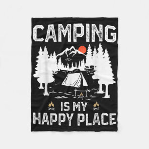 Camping Is My Happy Place Funny Camper Forest Camp Fleece Blanket