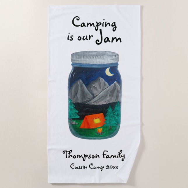 Camping is Our Jam Tent and Mountains in Jar Beach Towel (Front)