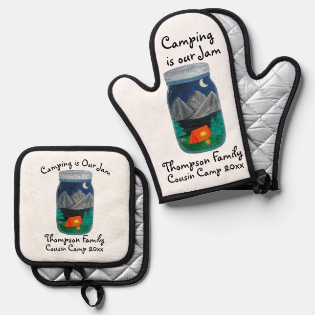 Camping is Our Jam Tent and Mountains in Jar Oven Mitt & Pot Holder Set (Front/Back)
