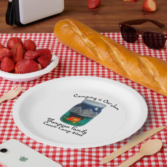 Camping is Our Jam Tent and Mountains in Jar Paper Plate (Picnic)