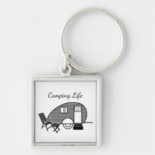 Camping life caravan trailer retro black white key ring