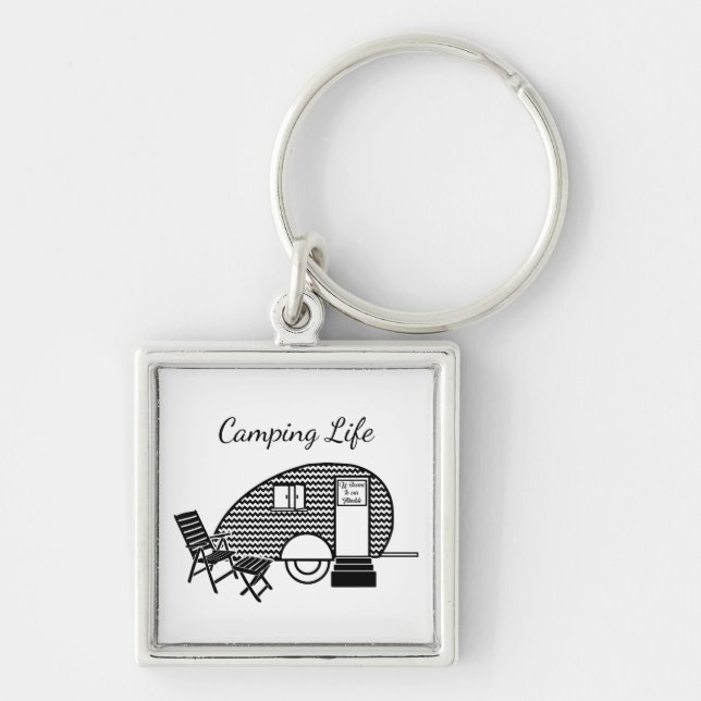 Camping life caravan trailer retro black white key ring (Front)