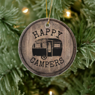 Camping Life Happy Campers Rustic Wood Ceramic Tree Decoration