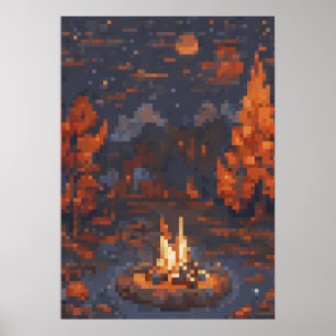 Camping Life Pixel Art Fire Tent Stars Outdoor Adv Poster