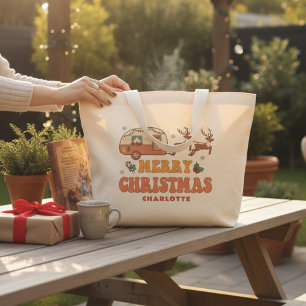 Camping Merry Christmas Reindeer Personalised Name Large Tote Bag