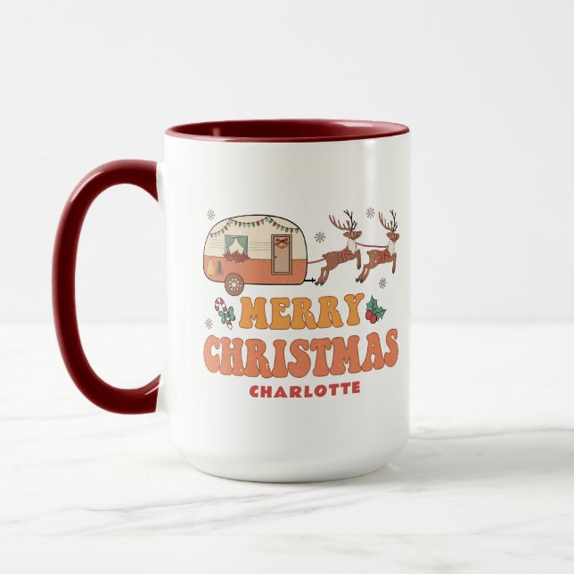 Camping Merry Christmas Reindeer Personalised Name Mug (Left)